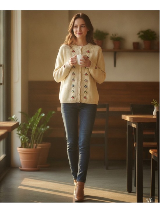 Vintage Sweaters - vintage lady clansman 100% wool 3-D floral cream knit cardigan sz large cottag